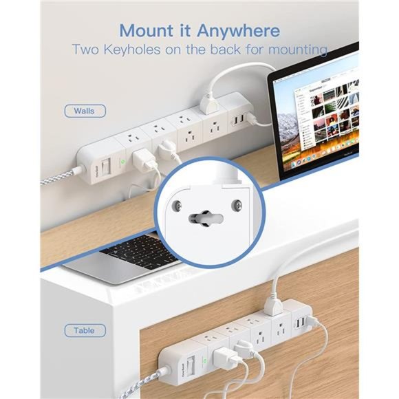 10 ft Extension Cord, Power Strip Surge Protector - 8 Widely AC Outlets 3 USB - Picture 6 of 6